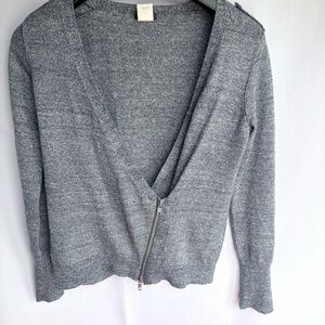 J Crew Heathered Blue Gray Merino Wool & Linen V-Neck Wrap Sweater with Zipper